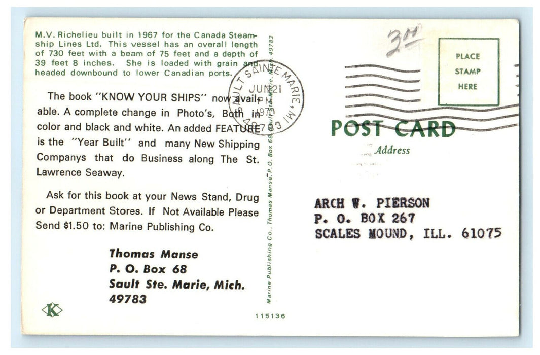 1970 MV Richelieu Canada Steamer Lines Sault Ste. Marie MI Thomas Manse Postcard