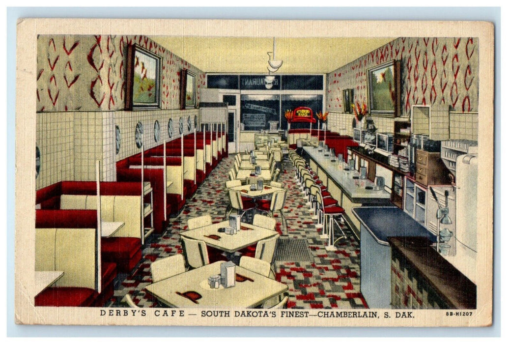 c1930's Derby's Cafe South Dakota Finest Interior Chamberlain SD Postcard