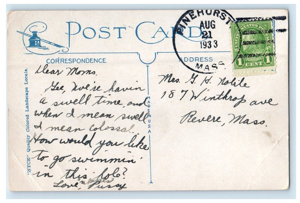 1933 Greetings From Pinehurst Massachusetts MA, Carabao River View Postcard
