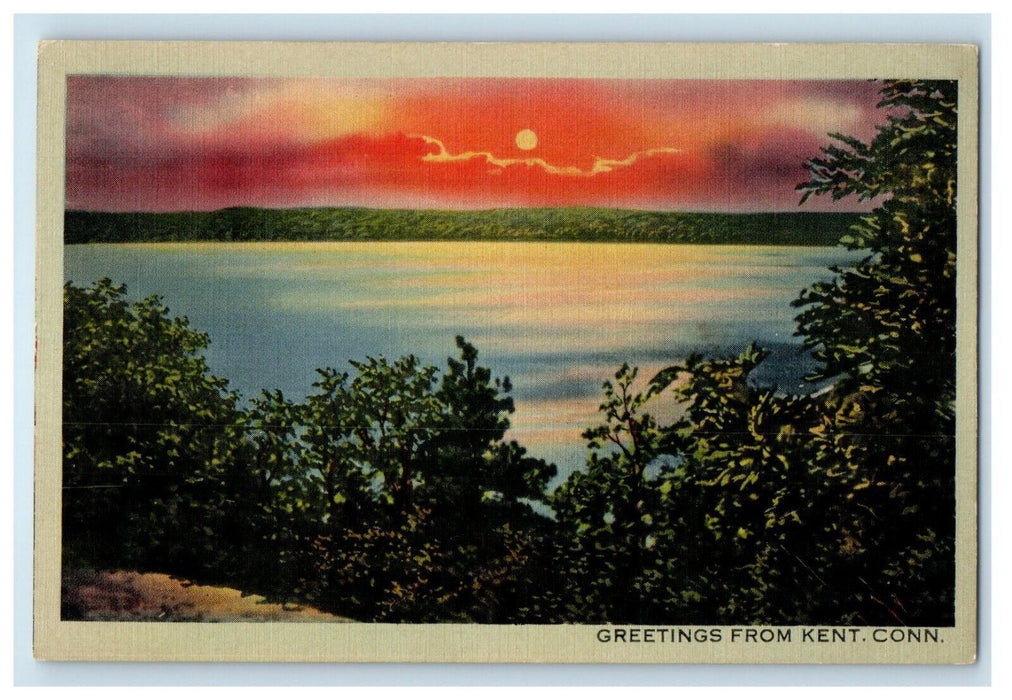 c1930's Greetings From Kent Connecticut CT, Sea View Moon View Vintage Postcard