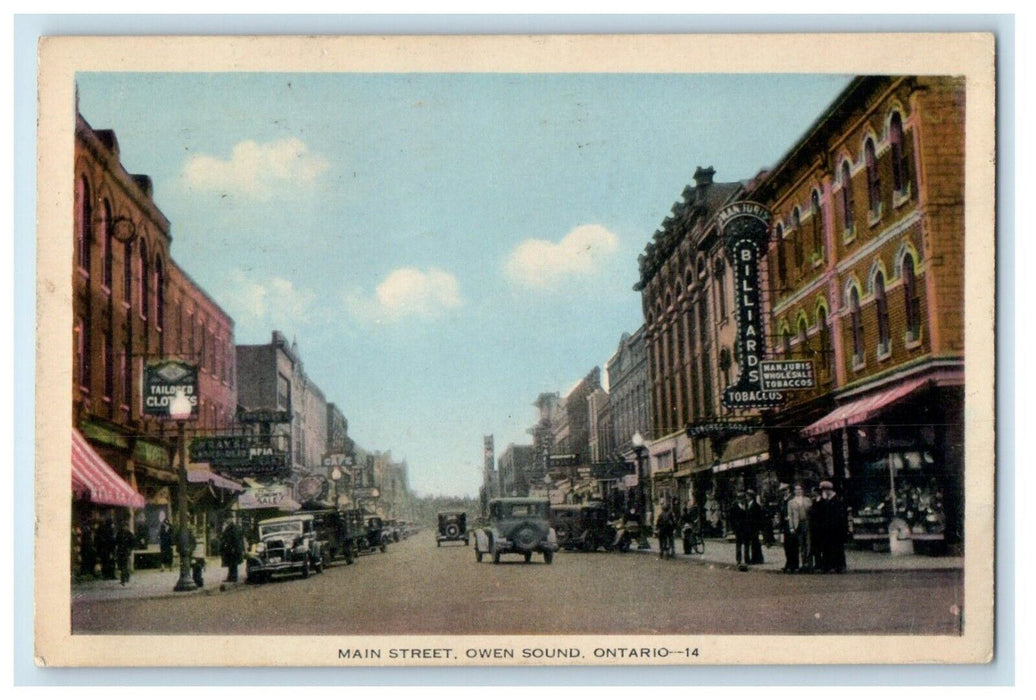 1939 Main Street View Cars Billiards Tobaclus Owen Sound Ontario Canada Postcard