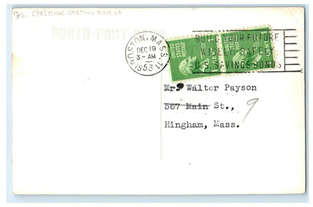 1953 Christmas Cartoon Doctor Boston Massachusetts MA RPPC Photo Postcard