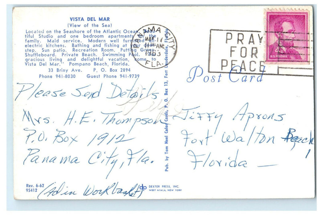 1963 Vista Del Mar View of The Sea Pompano Beach Florida FL Cancel Postcard