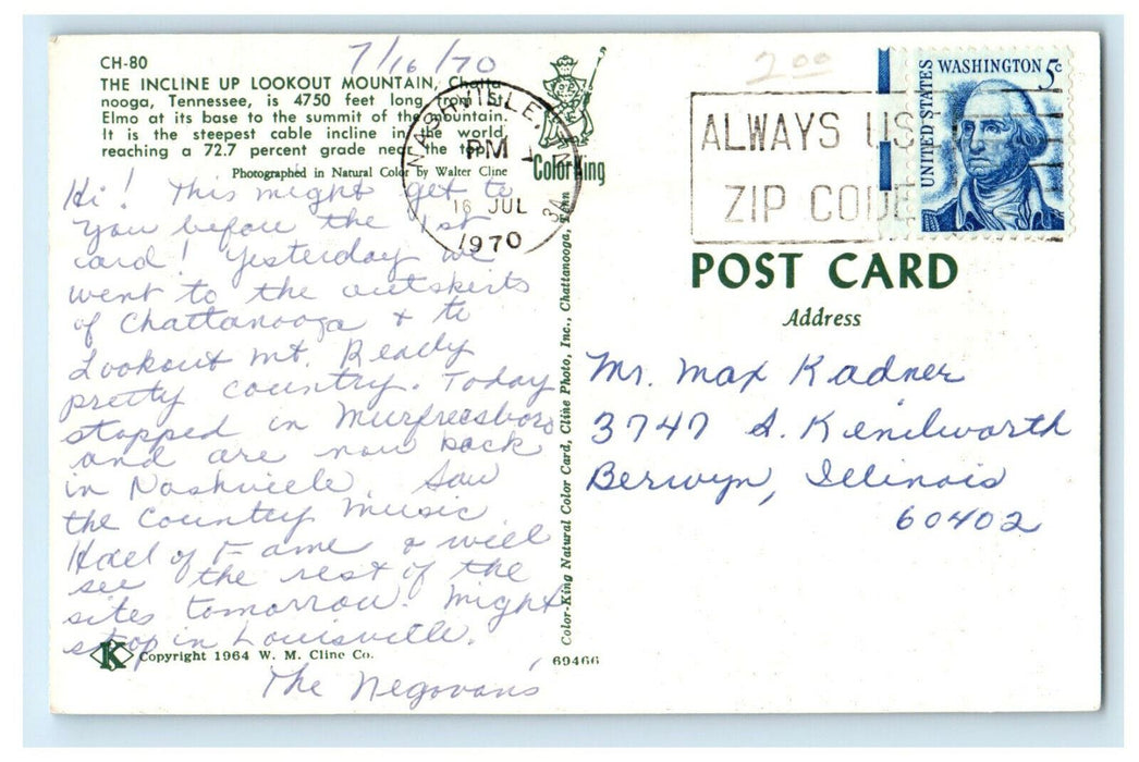 1970 View of Inclined Railway, Lookout Mountain Chattanooga TN Cancel Postcard