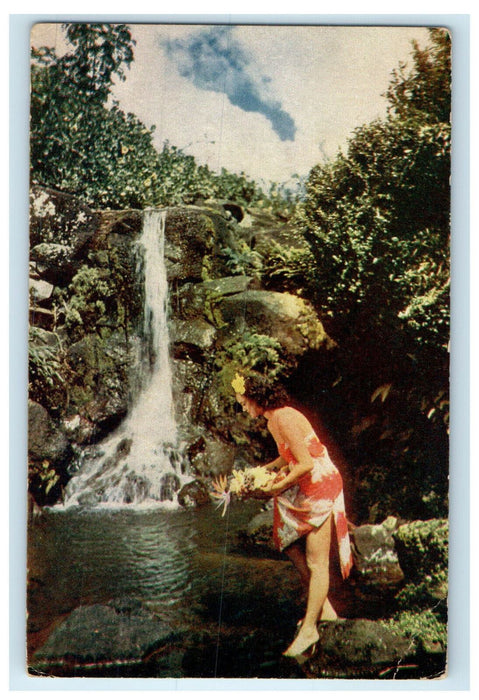 c1950s Girl Holding Flow Hawaiian Waterfall Hawaii HI Vintage Posted Postcard