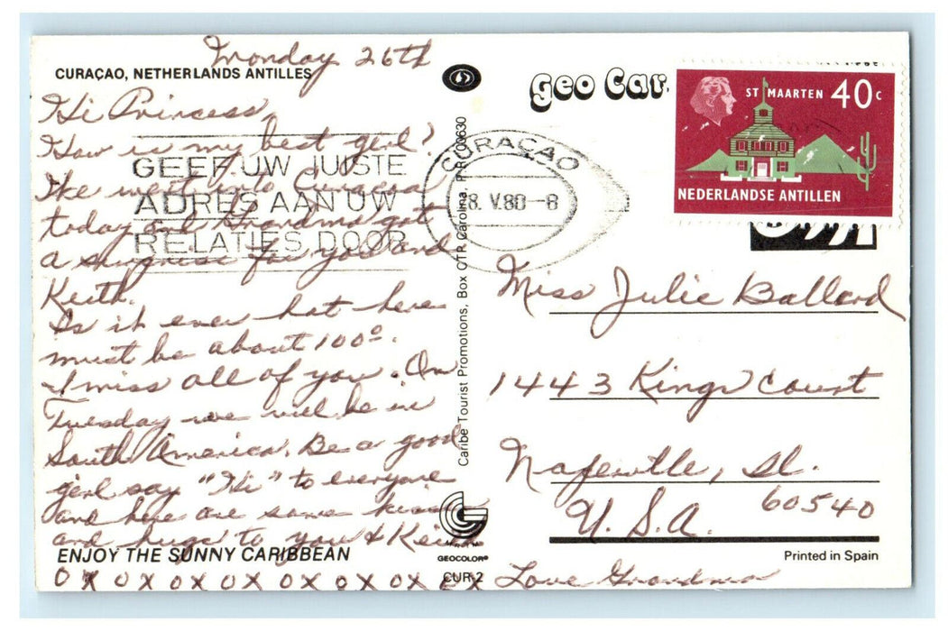c1960s Curacao Netherlands Antilles Posted Cancel Vintage Postcard
