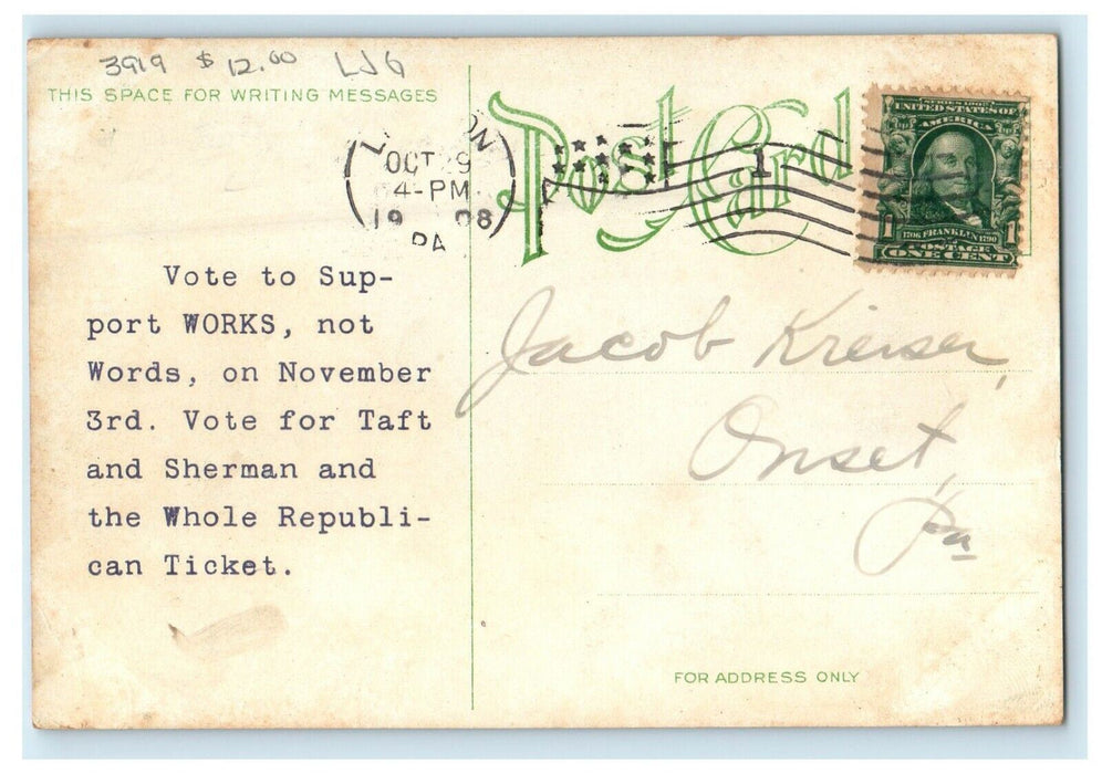1908 William Taft Sherman Republican Ticket Political Advertising Works Postcard