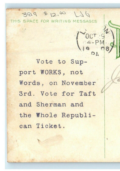 1908 William Taft Sherman Republican Ticket Political Advertising Works Postcard
