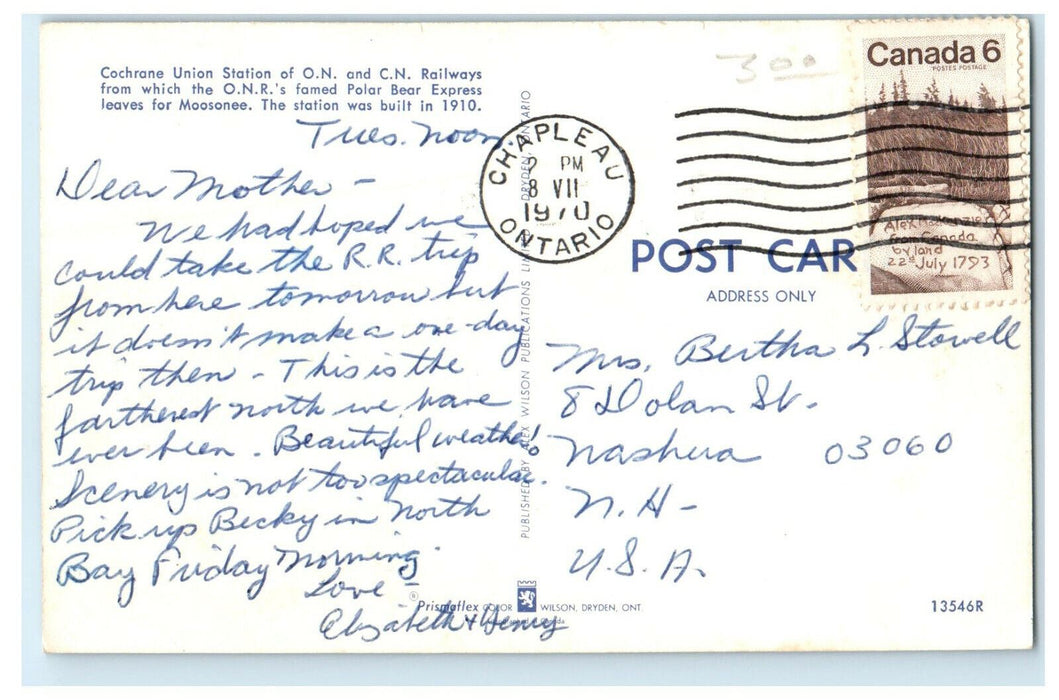 1970 Cochrane Union Station of O.N. and C.N. Railways Ontario Canada Postcard