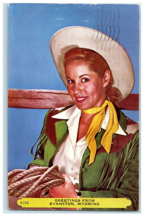1953 Rodeo Girl with Lasso, Greetings from Evanston Wyoming WY Postcard