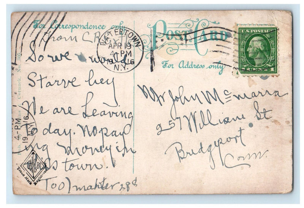 1916 Interior New York City and HR Railroad Station Watertown NY Postcard