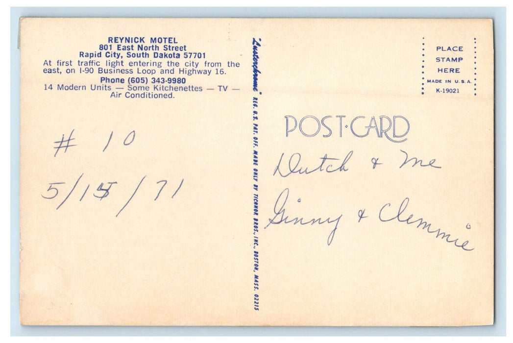 1971 View of Reynick Motel Rapid City South Dakota SD Vintage Postcard