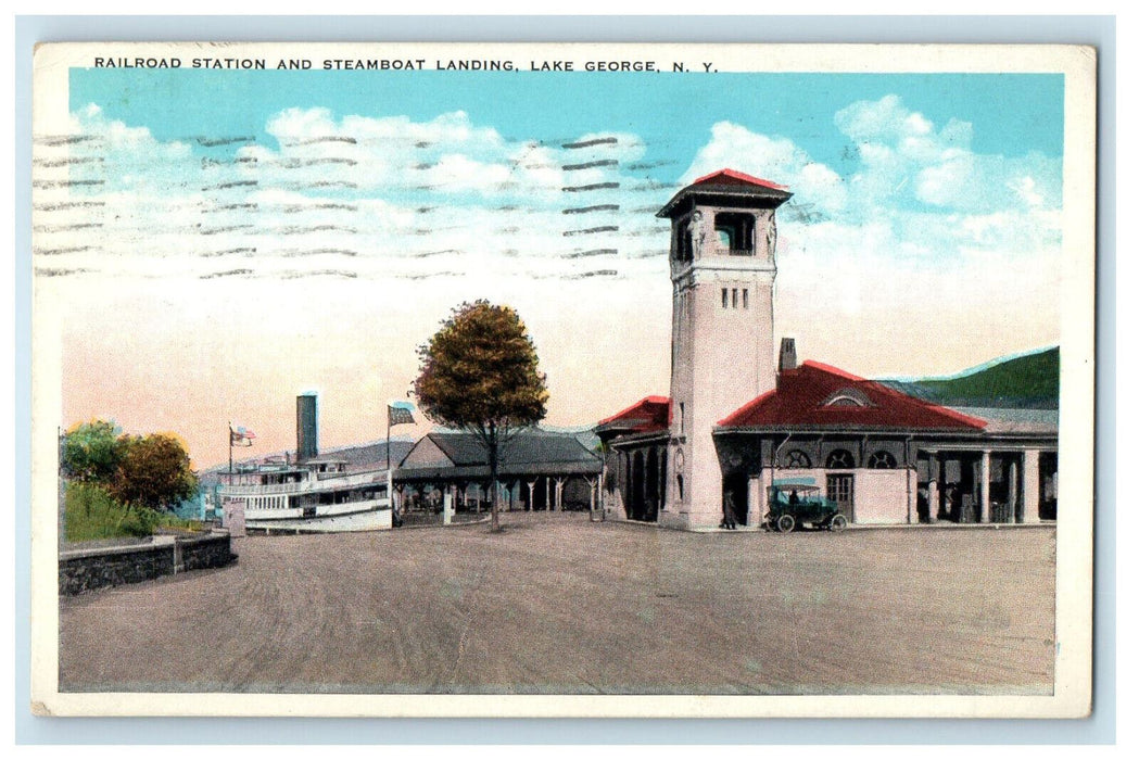 1929 Railroad Station and Steamboat Landing, Lake George New York NY Postcard