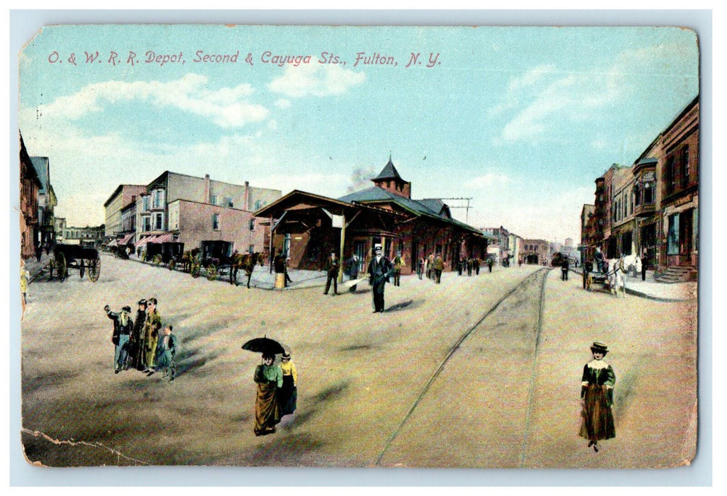 1909 C & W Railroad Depot Second & Cayuga Streets Fulton New York NY Postcard