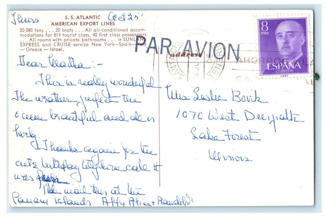 c1960s SS Atlantic American Export Lines Par Avion Stamp Cancel Postcard