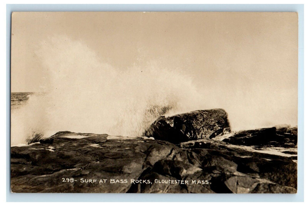 Surf At Bass Rocks Gloucester Massachusetts MA RPPC Photo Antique Postcard