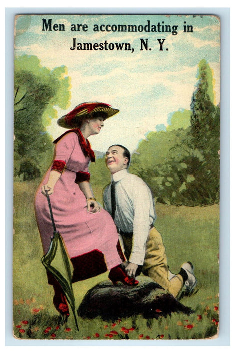 1913 Couple Scene, Men are Accommodating in Jamestown New York NY Postcard