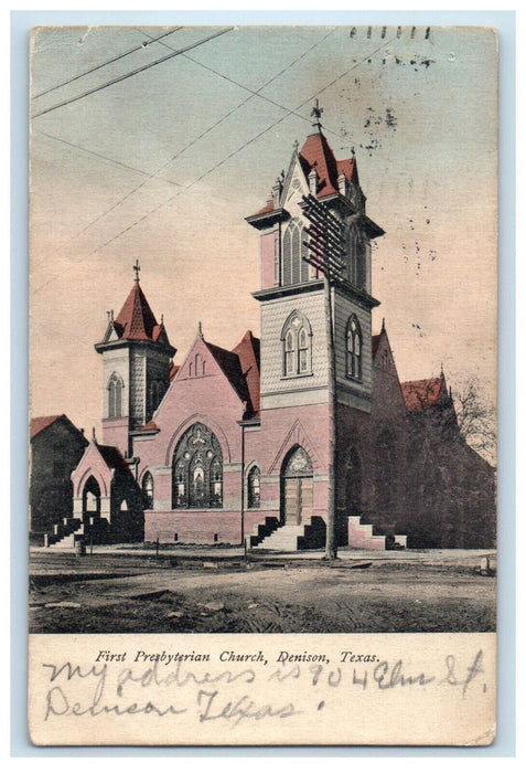 1910 First Presbyterian Church Street View Denison Texas TX Antique Postcard