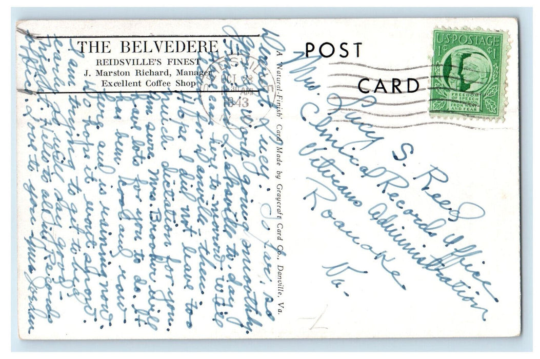 1943 The Belvedere Hotel, Reidsville North Carolina NC Posted Postcard