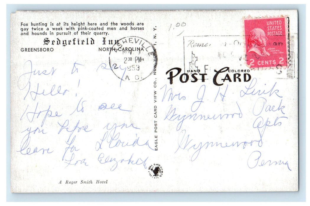 1953 Sedgefield Inn Greensboro North Carolina NC Cancel Posted Postcard