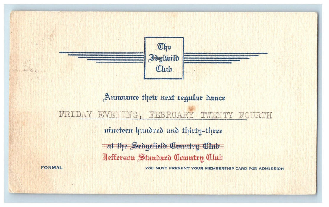 1933 Jefferson Standard Country Club, Greensboro NC Advertising Postcard