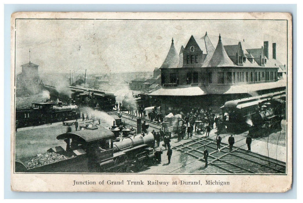 1910 Junction Of Grand Trunk Railway Trains At Durand Michigan MI Postcard