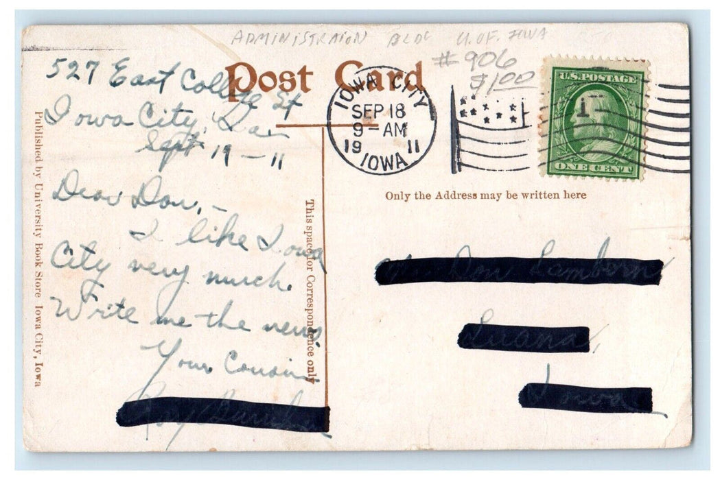 1911  Old Capitol Building And Trees Iowa City Iowa IA Posted Antique Postcard