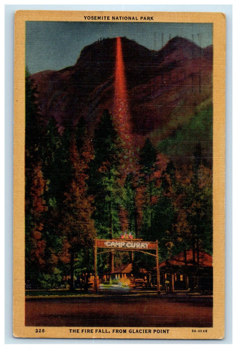 c1960s Fire Fall, Camp Curry, From Glacier Point Yosemite National Park Postcard