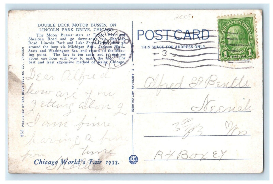 1931 Double Deck Motor Busses On Lincoln Park Drive Chicago Illinois IL Postcard