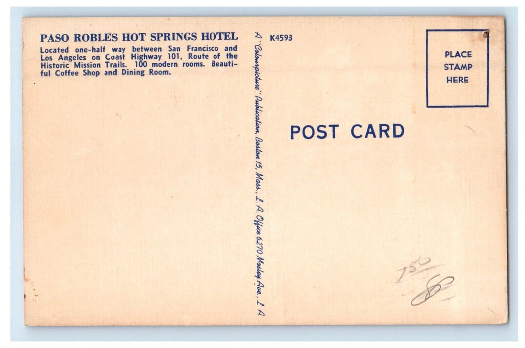 Paso Robles Hot Spring Hotel Restaurant Coffee Shop San Francisco CA Postcard
