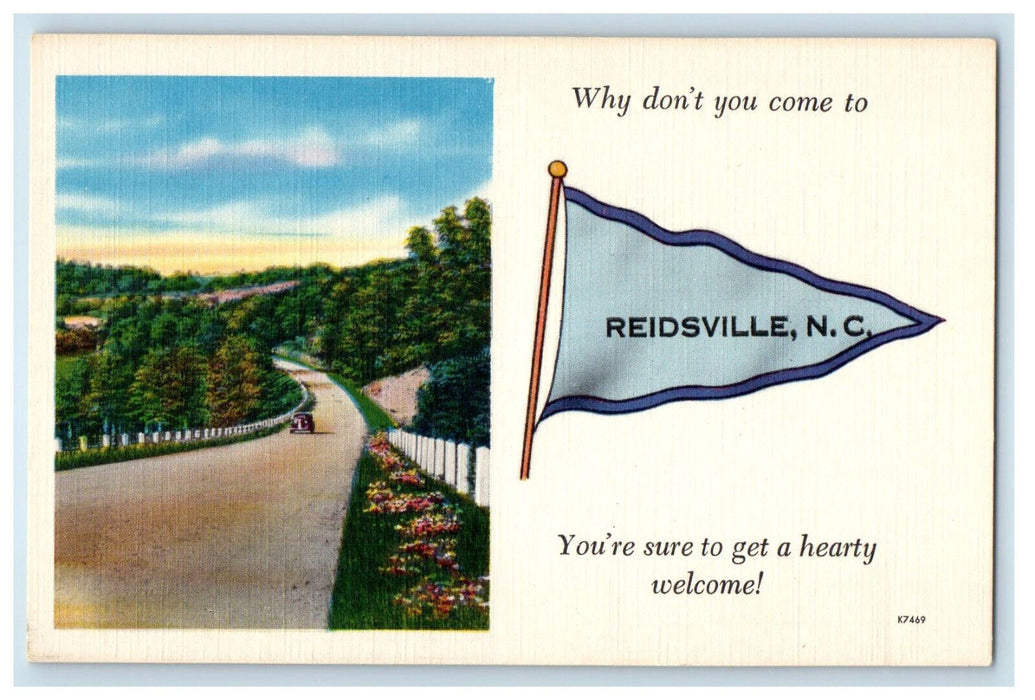 c1940s Car Scene Reidsville North Carolina NC Blue Pennant Unposted Postcard