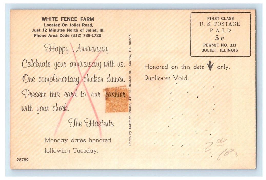 c1950's White Fence Chicken Farm Jolliet Illinois IL Unposted Vintage Postcard