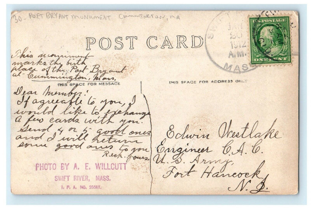 1912 Poet Bryant Monument Cummington Massachusetts MA RPPC Photo Postcard