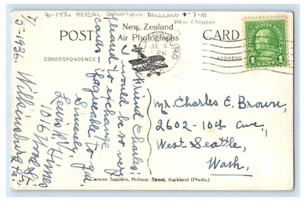 1936 Aerial Downtown Buildings Auckland New Zealand RPPC Photo Vintage Postcard