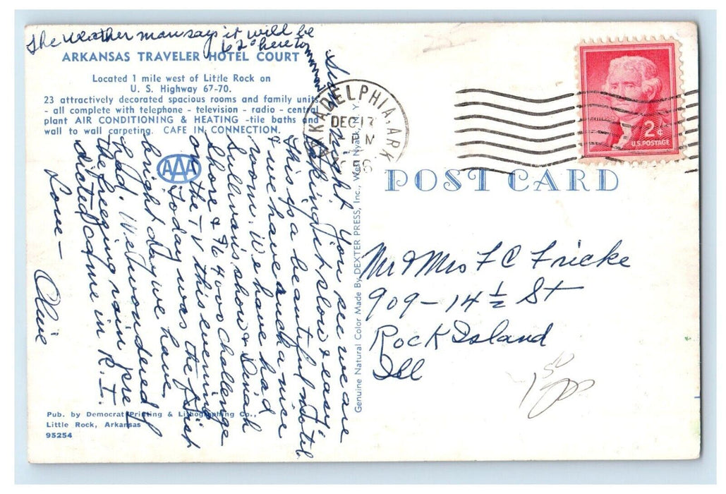 1956 Arkansas Traveler Hotel Court Car Little Rock AR Posted Vintage Postcard