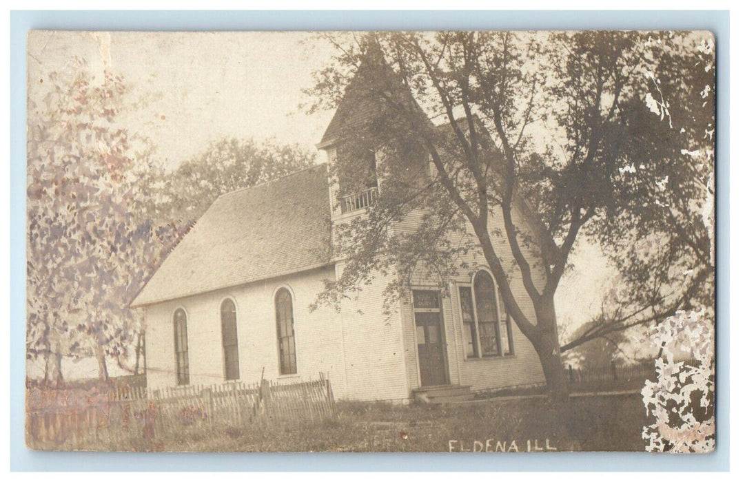 1925 Eldena Illinois IL, Chapel Church Fence And Trees RPPC Photo Postcard