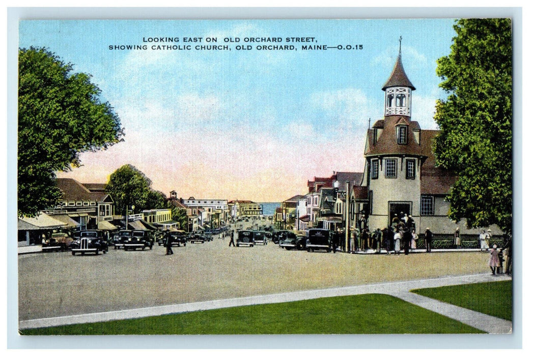 c1910 Looking East on Old Orchard Street Showing Catholic Church, ME Postcard