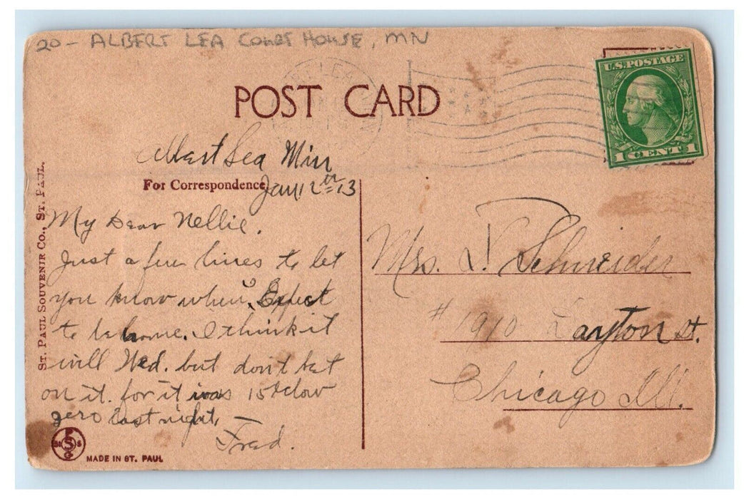 1913 Albert Lea Court House Minnesota MN RPPC Photo Posted Antique Postcard