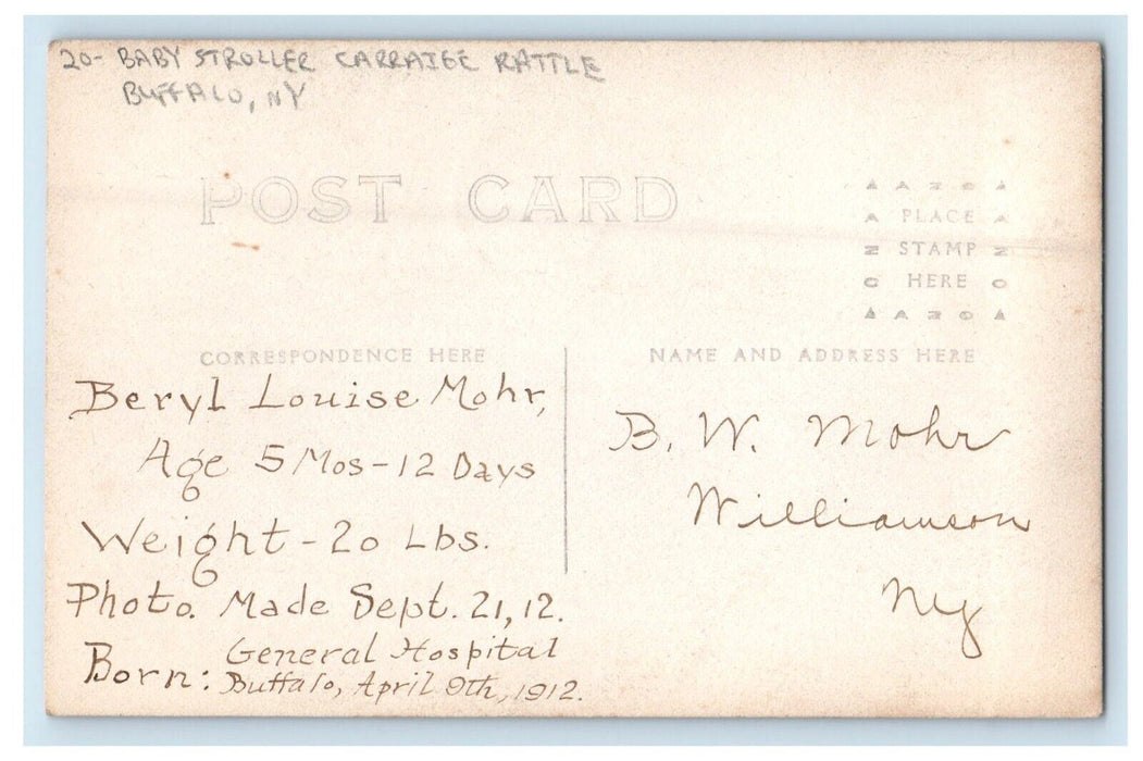 1912 Baby Stroller Carraigge Rattle Buffalo New York NY RPPC Photo Postcard