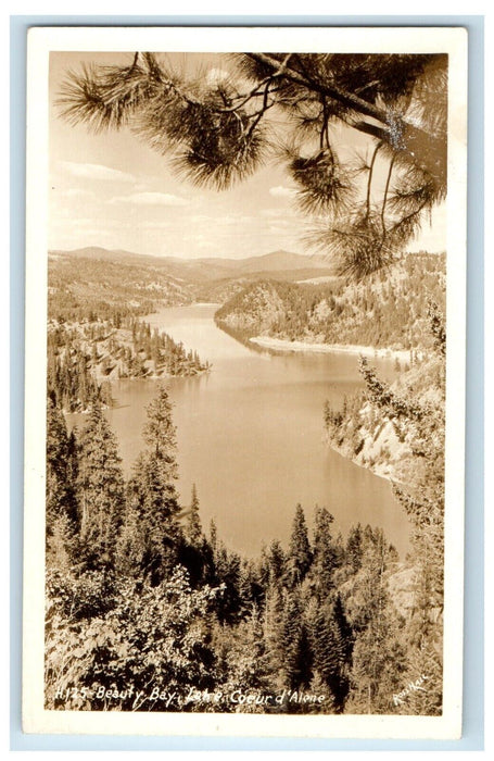 c1940's View Of Beauty Bay Lake Coeur D' Alene Idaho ID RPPC Photo Postcard