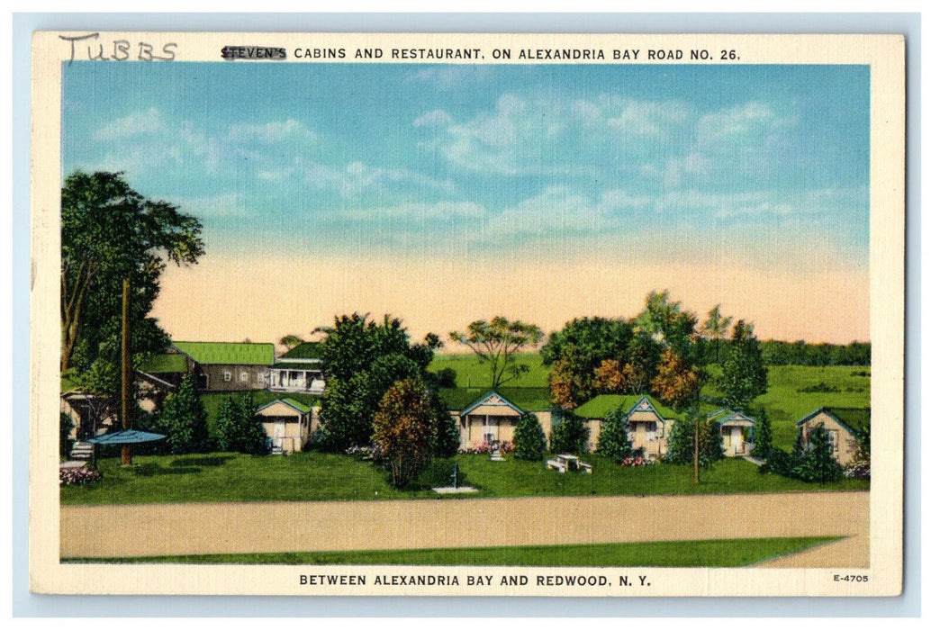 c1940s Steven's Cabins & Restaurant Between Alexandria Bay & Redwood NY Postcard
