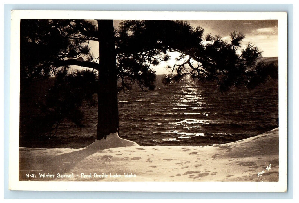c1940's Winter Sunset Pend Oreille Lake Idaho ID RPPC Photo Vintage Postcard