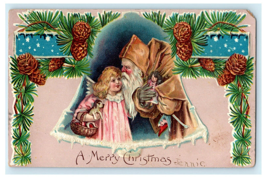 1907 Christmas Brown Robe Santa Child Dog Dyersville Iowa Sioux Antique Postcard