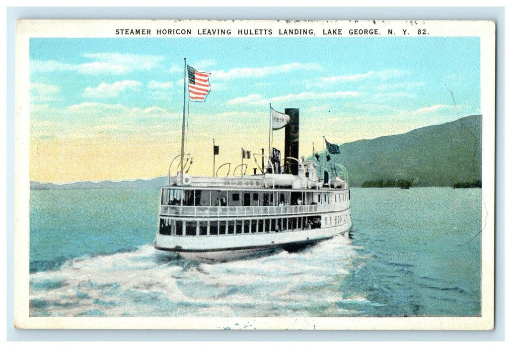 c1920's Lake George NY,  Steamer Ship Horicon Leaving Huletts Landing Postcard