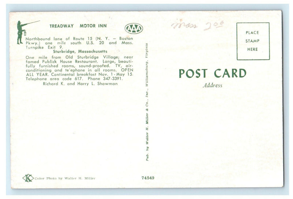 c1950s Treadway Motor Inn Stockbridge Massachusetts MA Unposted Postcard