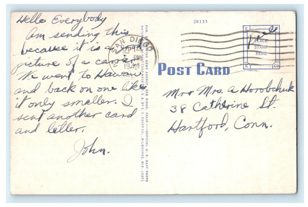 1944 U.S Aircraft Carrier Military Ship WWII Hawaii Vintage Soldier Postcard