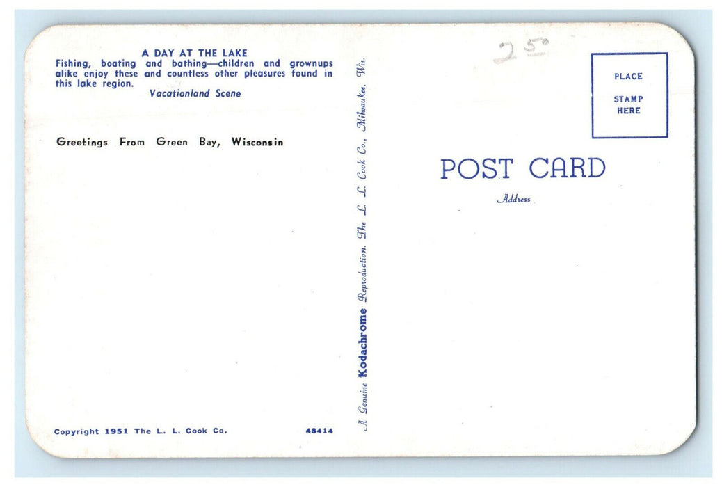 c1950s A Day at the Lake, Greetings from Greenbay Wisconsin WI Postcard