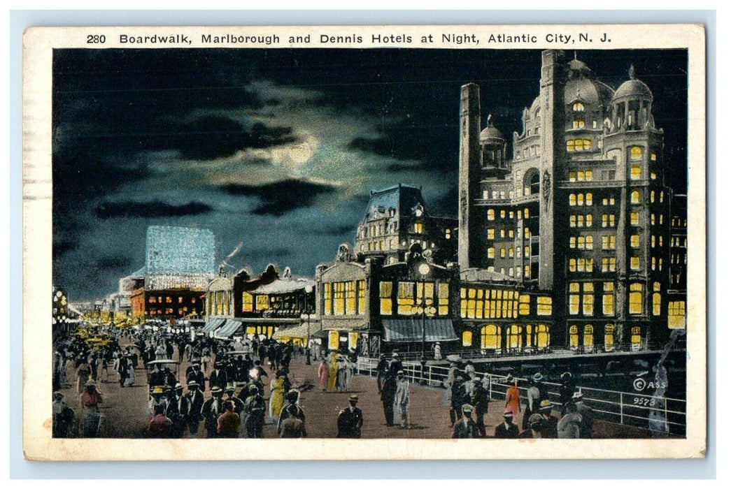 1921 Boardwalk Marlborough Dennis Hotels At Night Atlantic City NY Postcard