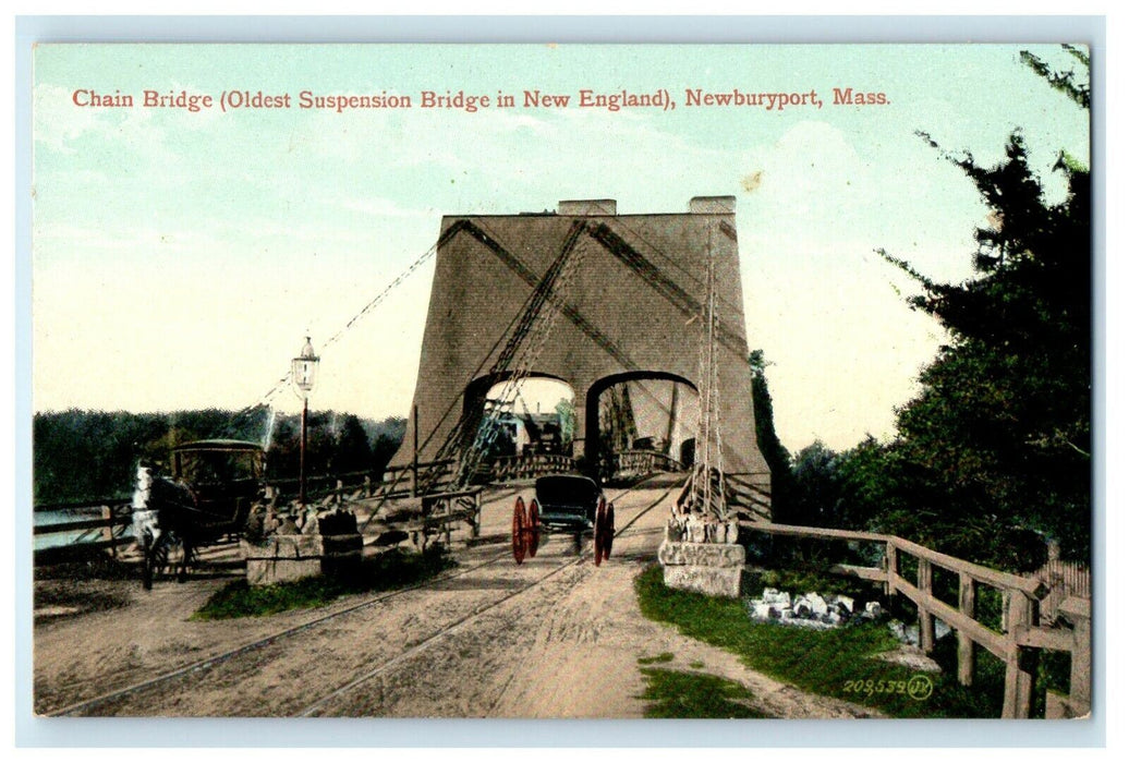 c1910 Chain Bridge Oldest Suspension Bridge New England Newburyport MA Postcard