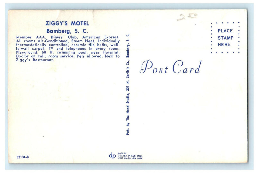 c1960s Ziggy's Hotel, Bamberg South Carolina SC Unposted Advertising Postcard